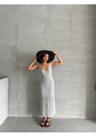 Kadın Askılı Ajurlu Yazlık Triko Elbise Gri
