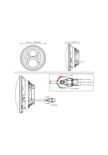 Yaozixa 7 İnç Araba/motosiklet Led Farı H4 Bağlantı 180w 18000lm 3 Renk Beyaz/sarı/mavi Ip67 50000 Saat Omur C0072 Tek Adet