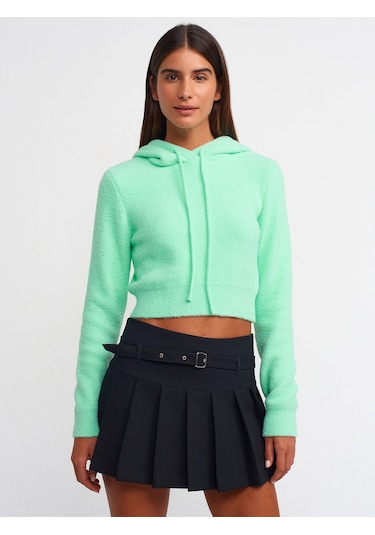 Dilvin Yumuşak Dokulu Kapşonlu Crop Kazak Göbeği Camgöbeği