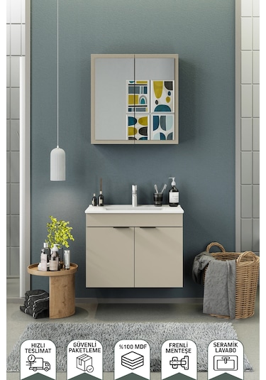 Biani Fix Loft 75 Cm Banyo Dolabı,Seramik Lavabolu, Aynalı,Lavabo Dahil,Mdf,Latte