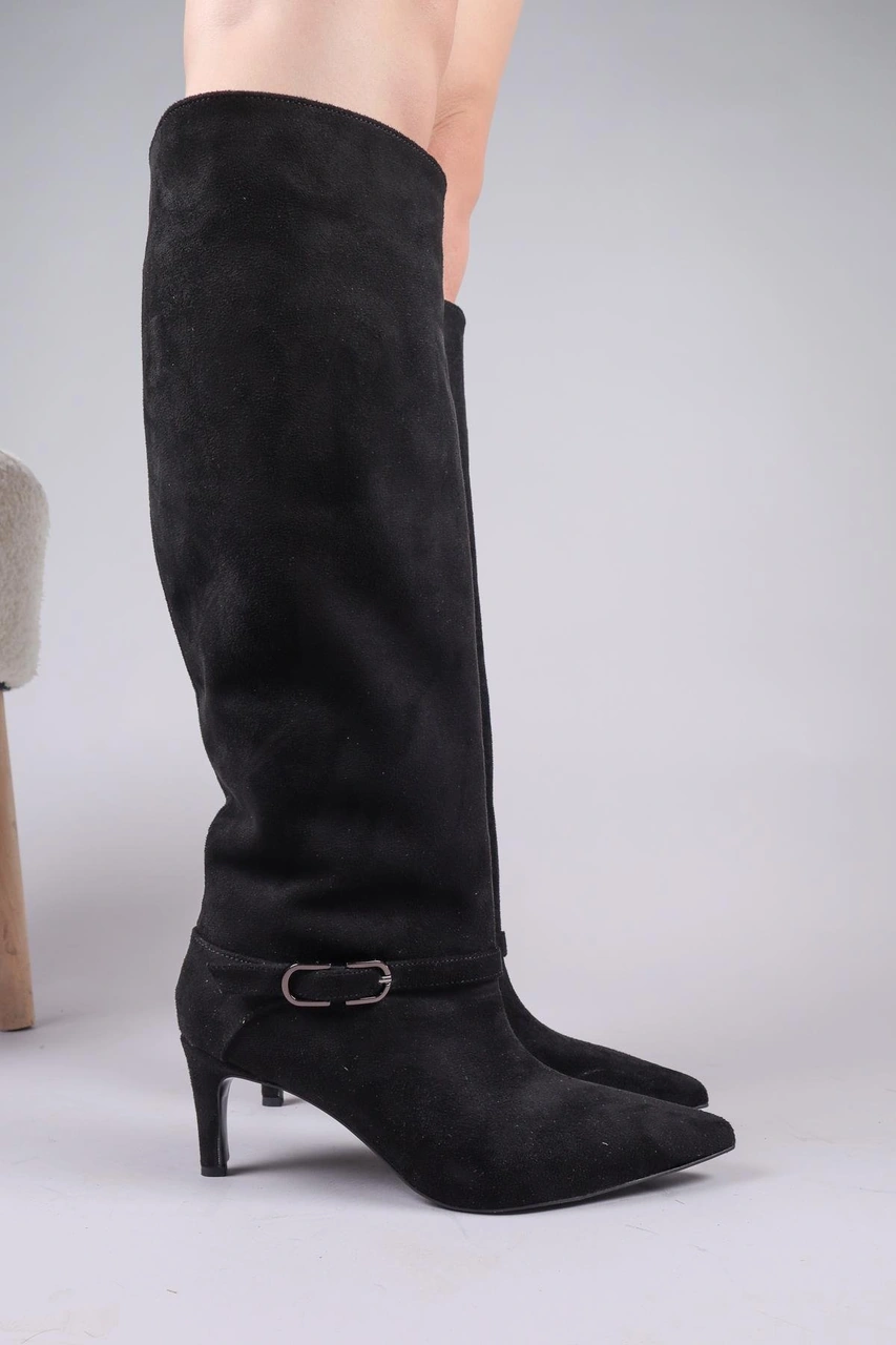 Vayzata Kemerli Süet Çekme Çizme Siyah-8411 Siyah
