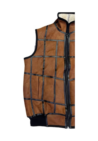 Içi Kürk-Dışı Süet Gerçek Deri Yakalı Ve Trikolu Yelek Tarçın