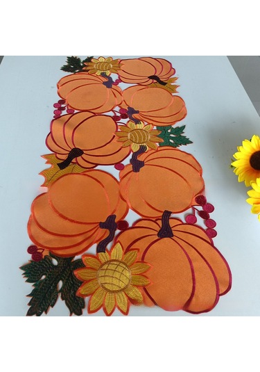 Skycity Kahverengi Akçaağaç Yaprak Desenli Noel Bayramı Şefaf Dikişli Polyester Masa Örtüsü 35x220 Cm Sonbahar Kürkü Ve Balıkçı Kabak Desenli