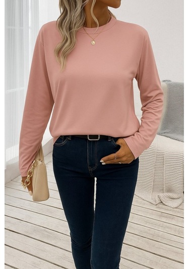 Tua Moda Kadın Uzun Kollu Bisiklet Yaka Viskon Bluz Pembe