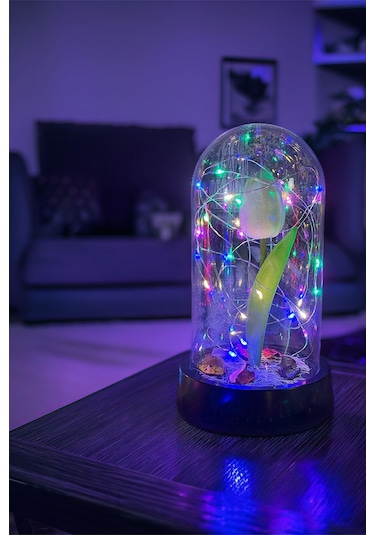Anneler Gününe Özel Beyaz Lale Rgb Peri Ledli Fanus Lamba Usb'li Yapay Çiçek Dekoratif Hediyelik