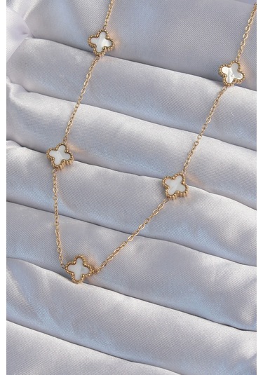 Ezoconcept 316l Çelik Gold Renk Minimal Beyaz Sedefli Yonca Kolye 001
