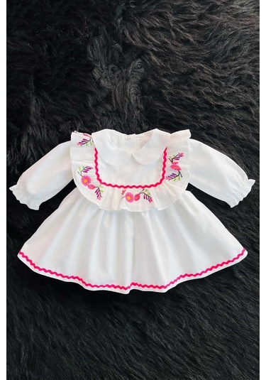 Nakış Ve Su Taşı Detaylı Beyaz Poplin Pamuklu Kız Çocuk Bebek Mevlüt Elbise 001