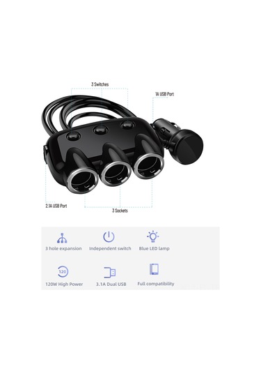 Lemestar 3 Yuvalı Usb Şarj Aleti - Çift Portlu, Anahtarlı Ve Led Göstergeli Araç Şarj Cihazı