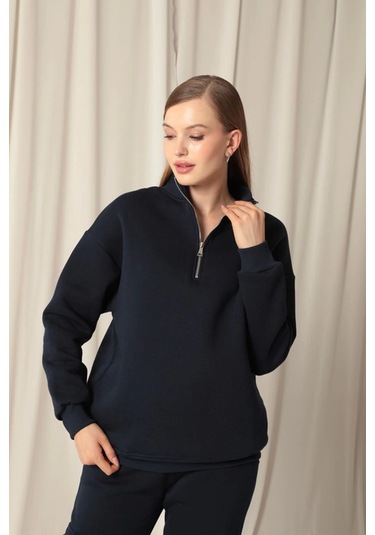 Üç İplik Dik Yaka Yarım Fermuarlı Kadın Lacivert Sweat Çok Renkli