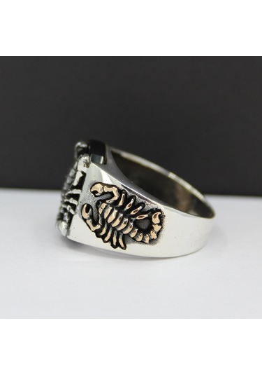 925 Ayar Siyah Oniks Taşlı 3 Akrep Figürlü Gümüş Erkek Yüzüğü Gümüş