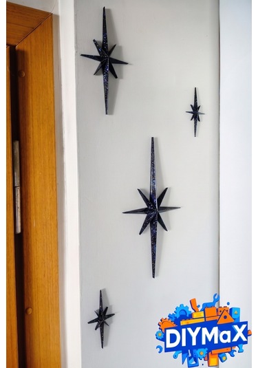 Yıldız Duvar Dekoru 4'lü Set Mid-century Modern Starburst Dekoratif Duvar Süsü - Siyah