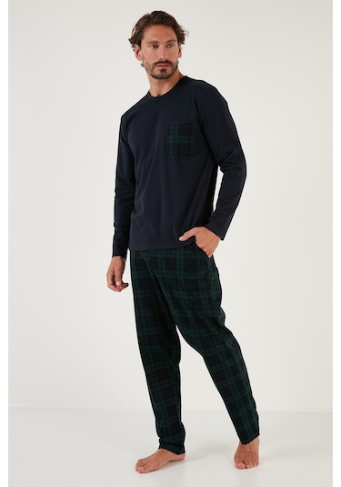 Buratti Ekoseli Cepli Beli Lastikli % 100 Pamuk Regular Fit Erkek Pijama Takımı 6572001 Lacivert