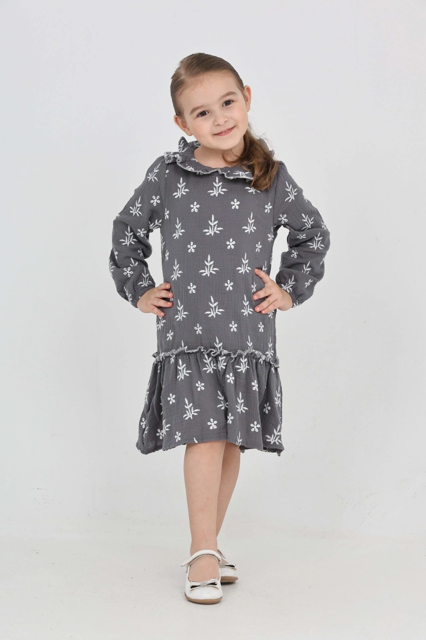 Toontoy Kız Çocuk Çiçek Nakışlı Bebe Yaka Elbise Füme
