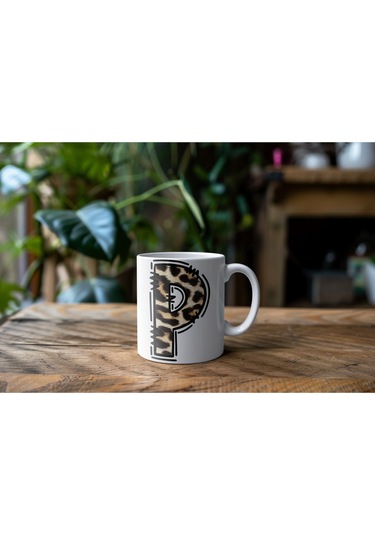P Baş Harf Leopar Desenli Kupa Bardak - Kişiye Özel Feminen Konsept Hediye - Vahşi Hayvan Desenli Beyaz