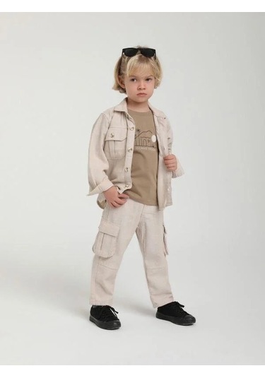 Erkek Çocuk Kargo Cepli Keten Pantolon-15656 Bej