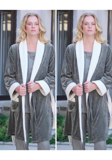 Bone Club 5511 Haki Kuzu Tüyü Kadife 3Lü Lohusa Pijama Sabahlık Tk