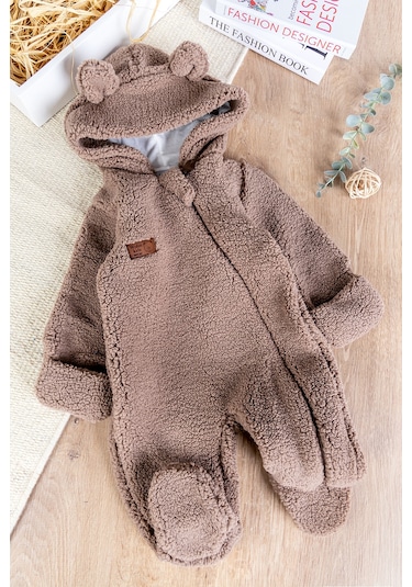Kapüşonlu Kendinden Eldivenli Welsoft Kışlık Kız/erkek Bebek Tulum Kahverengi