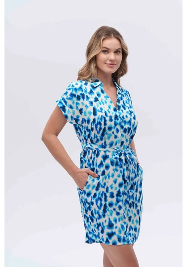 Belden Kurdale Bağlamalı Desenli Elbise Cnl Mavi
