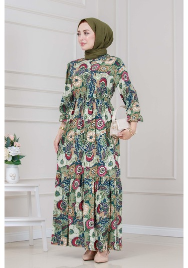 Beli Tünelli Çiçekli Viscon Elbise-yeşil-5319 Yeşil