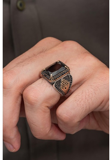 Siyah Zirkon Taşlı Dikdörtgen 925 Erkek Gümüş Yüzük Gümüş