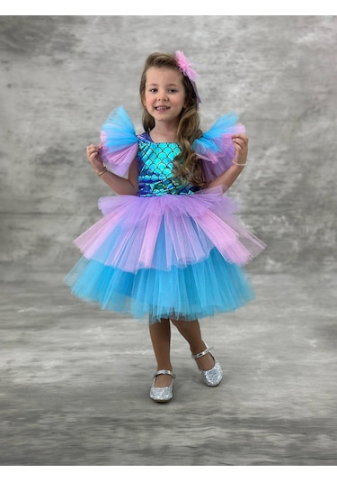 Kız Çocuk Tütü Etekli Deniz Kızı Elbisesi Mavi 2102 Mavi