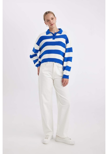 Defacto Regular Fit Polo Yaka Düğmeli Çizgili Triko Kazak A2357AX24WNBE64 Mavi Defacto Regular Fit Polo Yaka Düğmeli Çizgili Triko Kazak A2357AX24WNBE64 Mavi