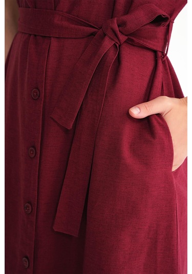 4721 Kadın V Yaka Düğme Detaylı Keten Elbise Bordo Bordo