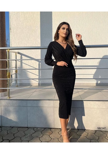 Kadın Uzun Kollu Kruvaze Yaka Büzgü Ve Balon Kol Detay Simli Krep Kumaş Maxi Boy Elbise Bediva 001