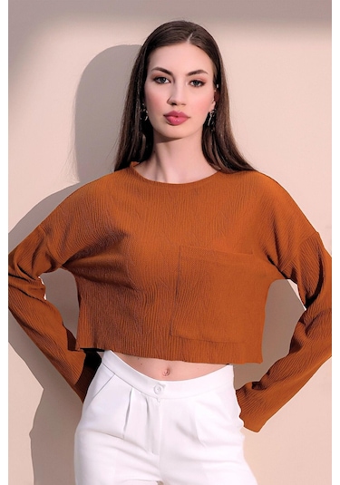 Kadın Hardal Uzun Kol Kendinden Dokulu Cepli Crop Sweatshirt, Salaş Kesim Bluz HARDAL