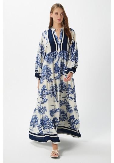 Modest Kadın Carena %100 Viskon Mavi Maksi Boy Yazlık Elbise Mavilacivertkrem Çok Renkli