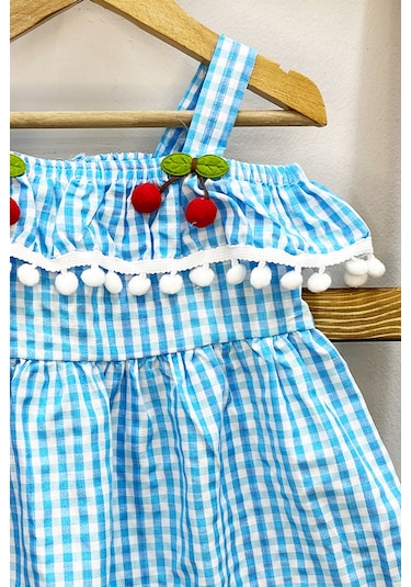Kız Çocuk Askılı Elbise Dantelli Ekose Desenli B14 Mavi