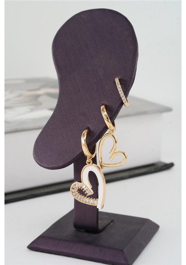 Kadın Vip Seri Zirkon Taşlı Mineli Kalp Model 3'lü Küpe Seti Çok Renkli