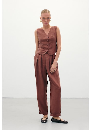 Sateen Salaş Keten Pantolon - Kahve-136266 Kahve