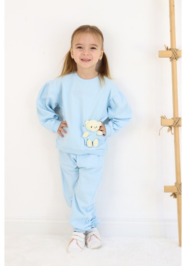 Kız Çocuk Orta Kalınlıkta Ayıcık Oyuncaklı Eşofman Takımı Mavi