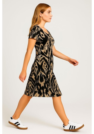 2 Adet Dökümlü Rahat Kalıp Günlük Penye Kumaş Elbise Lacivert - Krem