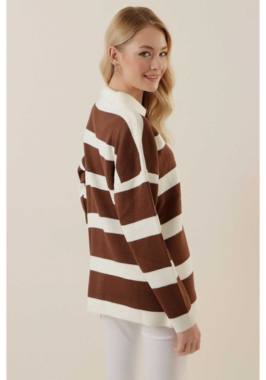 Gabria Fermuarlı Çizgili Kazak Kahverengi