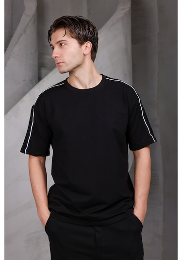 Erkek Şeritli Oversize Bisiklet Yaka 2 İki İplik Kompakt T-shirt Siyah