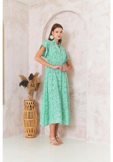Kadın Gömlek Yaka Kısa Kollu Yeşil Elbise Dm1044 Yeşil
