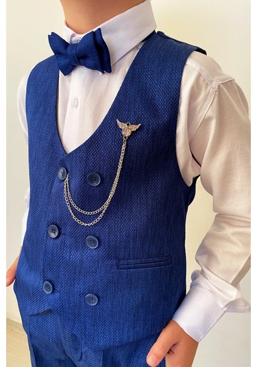 Erkek Çocuk Takım Elbise Papyonlu Yelekli Takım Elbise Saks Mavi