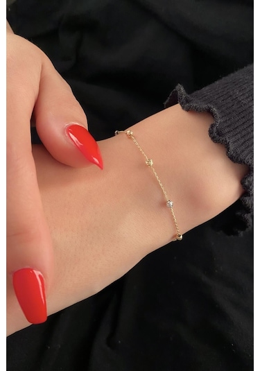 Fiyonk Kuyumculuk 14 Ayar Altın Tek Sıra Zincirli Dorika Top Detaylı Bileklik Sarı Altın