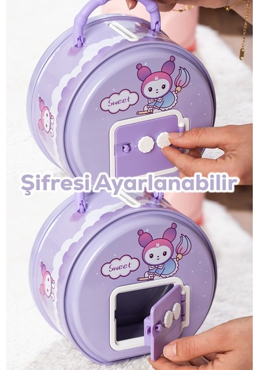 Porsima 040-1 Metal Şifreli Kilitli Yuvarlak Kumbara Lila 15x15cm