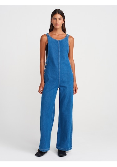 Dilvin 71809 İnce Kumaş Salaş Denim Tulum-mavi Mavi