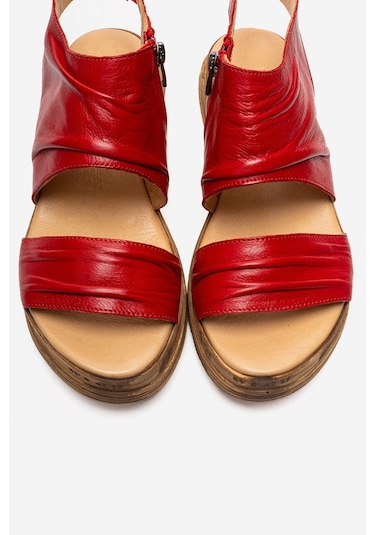 Luvishoes Lunas Kırmızı Hakiki Deri Yandan Fermuarlı Kadın Sandalet Kırmızı