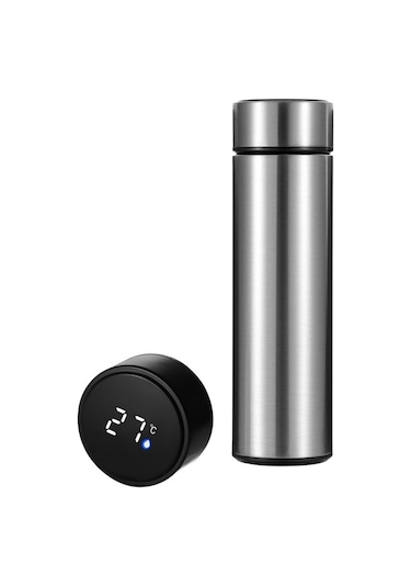 Enjoytime Akıllı Termos Su Kupası 500ml Paslanmaz Çelik Led Sıcaklık Ekranlı Gümüş Gümüş