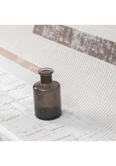 Krem Bej Kahve Yatay Blok Desenli Halı - Mk0559grl