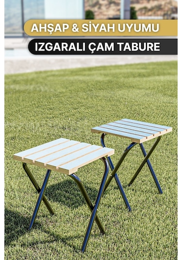 Bino Suya Dayanıklı Şık Ahşap Tasarım Kamp ve Bahçe Tabure 2'li Set Mavi