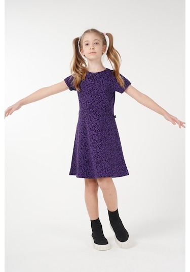 Brz Kids Metraj Baskılı Kısa Kollu Kız Çocuk Elbise Lila