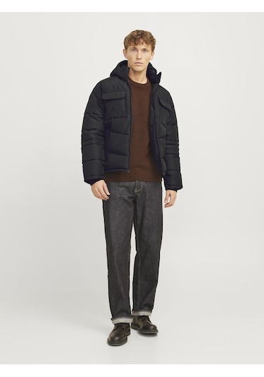 Erkek Kapüsonlu Fermuarli Puffer Mont - Build Black Siyah