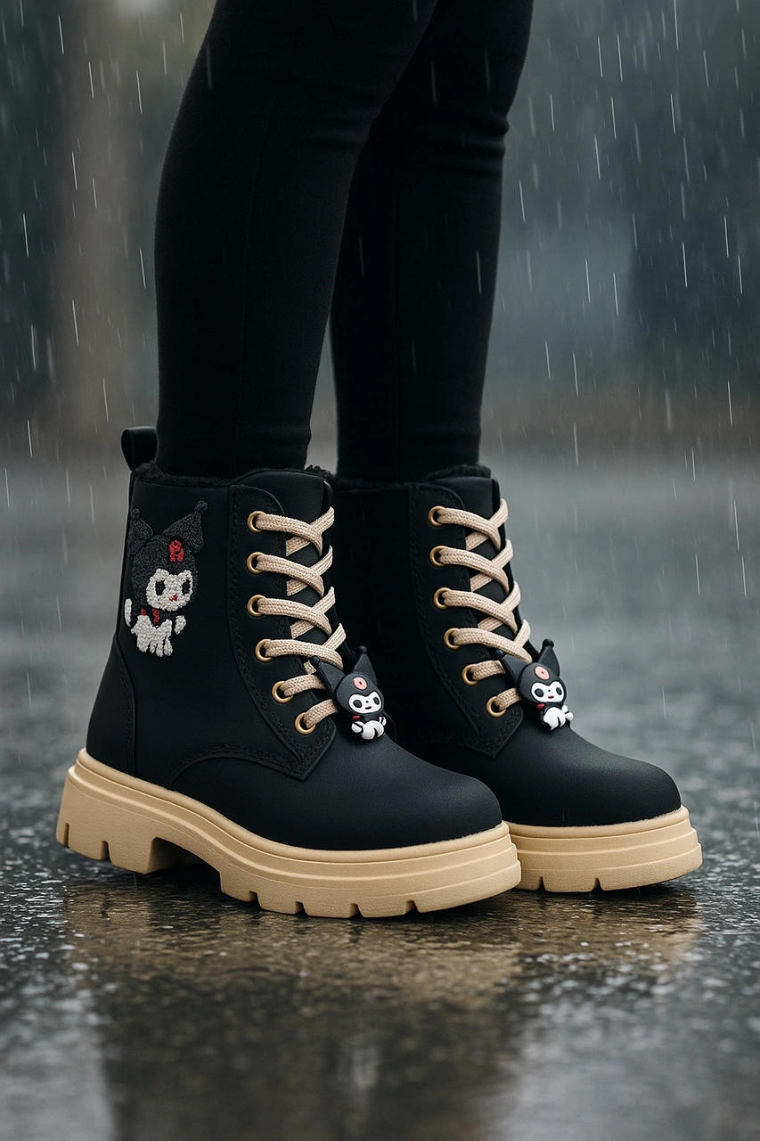 Kız Çocuk Figür Detaylı Fermuarlı Bot Siyah