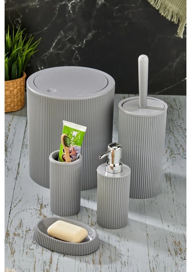 Line 5 Parça Yuvarlak Banyo Seti - Çöp Kovası Wc Fırçası Sıvı-katı Sabunluk Diş Fırças Gri